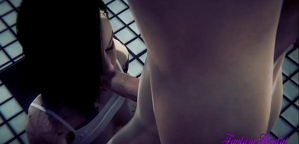 Cyber Punk 2077 Hentai Sex in a Public Toilet blowjob sucking a big dick with cum in her mouth and creampie in pussy